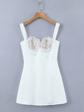 Daiiibabyyy  Women V neck Backless Party Skater Short Sling Dress Sexy Stitching Lace Bra Corset Style Spaghetti Strap Mini Dresses