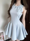 Daiiibabyyy  French Elegant Coquette Mini Dress Women Pearl Beaded Bow Decor Summer Slim Fit Bodycon Ruffled Hem Party Date Night Outfit