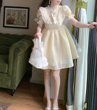 Daiiibabyyy  Spring and Summer French Sweet Bow Lace Embroidered Short Slimming High-Waist Princess Dress for Women