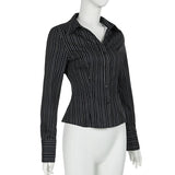 DAIIIBABYYY  -  Harajuku Striped Crop Top Women Casual Black Button Up Full Sleeve Turn-down Neck Blouse y2k Aesthetic Autumn Tee Shirts