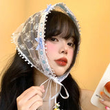 DAIIIBABYYY  -  French Flower Lace Embroidered Bow Decorative Triangle Towel Women's Summer Vacation Breathable Mesh Lace Up Photo Headband