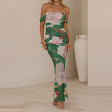 Daiiibabyyy  Pattern printed women's temperament slim fit dress casual vacation elegant off shoulder fashion party long dress