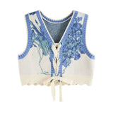 DAIIIBABYYY  -  Women's Ethnic Style V-neck Sleeveless Knitted Vests Spring Autumn Niche Jacquard Lace-up Casual All-match Short Vest Jackets