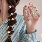 Daiiibabyyy  New Rose Flower Telephone Phone Line Hair Rope for Women Girls Elastic Pearl Ponytail Hair Loop Headwear Hair Accessories
