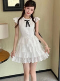 DAIIIBABYYY  -  Sweet Chic Bow White Dress Women Slim Fashion Flying Sleeve Cute Mini Dress Casual O Neck Female Elegant Lace A Line Dress