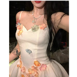 DAIIIBABYYY  -  2024 Summer Women's Suspender Dress Sleeveless Flower Decoration Holiday Romantic Sling Sexy Fluffy Skirt Birthday Party Dress