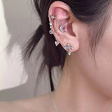 Daiiibabyyy  1Pcs Pink Zircon Heart Bowknot Chain Ear Bone Nail For Women Girls Sweet Cute Silver Color Piercing Earrings Y2K Jewelry