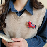 Daiiibabyyy  Cute Lovely 4 Designs Flower Embroidery Red Coffee Cloth Cartoon Horse Brooches for Women New Yesr Festival Accessories