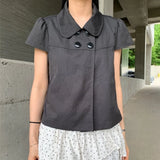 Daiiibabyyy  Women's Blouse Retro Cotton Woven White Blouses Short Sleeve Solid Color Loose Fit Shirt Button Up Puffed Sleeve Gray Top