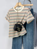 Daiiibabyyy  Summer Fre Sle Women's Striped ort Sve T-irt Korean Version Regular Cotton Comfortable oulder Length Top