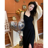 DAIIIBABYYY  -  Summer Womens Red Dress Straps Dress Sleeveless Sexy New Chinese Style Fashion Suspender Simple Slit Skirt Hanging Neck Dress