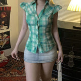 Daiiibabyyy  New American Style Y2k Retro Green Plaid Shirt Women Fly Sleeves Polo Collar Tie Waist Spicy Girl Top