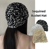 Daiiibabyyy  Retro Vintage Sequin Woven Cap Y2k Knit Sequin Bucket Hat Thin Hollow Beanie Hats Summer