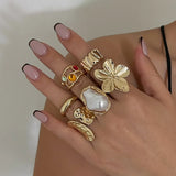Daiiibabyyy  6Pcs/Set Fashion Imitation Pearl Crystal Stainless Steel Gold Color Ring for Women Engagement Party Gift Temperament Jewelry