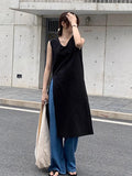 DAIIIBABYYY  -  Cusual Loose Side Slit Linen Vest Dress Women Summer New Style French Luxury V-neck Layered Long Solid Vestidos