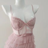Daiiibabyyy  Pink Sweet Nightgowns Gauze Mesh Slim Waist Thin Fluffy Cake Dress Women's Sleepwear Suspender Fishbone Nightdress Home Clothes