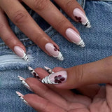 Daiiibabyyy  24Pcs Mid-length Almond Press on Fake Nails Blue French Coffee Flower Polka Dot False Nails Art Rhinestone Full Cover Nails Tips