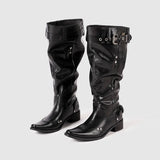 Daiiibabyyy  Women's Knee High Suede Boots Belt Buckle Pocket Design Block Heel Western Style Trendy Ladies Autumn/Winter Footwear New