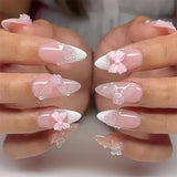 Daiiibabyyy  White Glitter Powder Bowknot Long Pointed Fake Nails Art Ballet False Nail Cow Print Pearl Rhinestone Pink Almond Press on Nails
