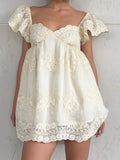 Daiiibabyyy  Summer French Vintage Flower Embroidery Solid V Neck Puff Sleeve Temperament Dresses
