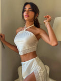 Daiiibabyyy  White Satin Lace Patchwork Set Women Chic Halter Crop Top Slit Mini Skirt Sleeveless Slim 2 Piece Suit Lady Party Daily Outfit