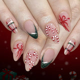 Daiiibabyyy  24Pcs Mid-length Almond Fake Nail Red Striped French Christmas Hat Press on False Nails Snowflake Wearable Full Cover Nails Tips