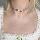 Daiiibabyyy  Y2K Hollow Star Double Layered Choker Necklaces for Women Punk Silver Color Leather Rope Necklaces Party Jewelry Accessories