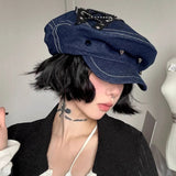 DAIIIBABYYY  -  Spring and Summer New Sweet Cool Babes Denim Flat Top Painter Hats for Women Retro Punk Style Niche Rivet Design Berets Cap Y2k