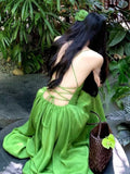 Daiiibabyyy  French Style Holiday Backless Beach Green Dress Women Summer Sleeveless Strap Bandage Long Dress Fashion  Evening Party Dresses