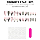 Daiiibabyyy  24pcs INS French False Nails with Black Dot Printed Yellow Stripe Design Press on Nails for Women Wearable Almond Fake Nails