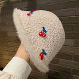 Daiiibabyyy  Cute Cherry White Plush Fisherman Hat for Women Autumn and Winter High-End Hat Warm Bucket Hat