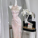 DAIIIBABYYY  -  Retro Cheongsam Slit Sexy Chinese Style Pink Qipao Dress Female Elegant Daily Dresses Costume