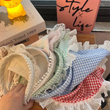 Daiiibabyyy Korean Dopamine Summer Red Blue Checkered Lace Triangle Headscarf for Woman Girls Headwear Scarf Headband Hair Accessories