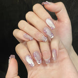 Daiiibabyyy  10pcs Handmade Press On Nails Light Purple French Style Cat's Eye False Nails Gentle Flower Designs Wearable Fake Nail Tips