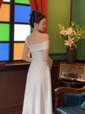 DAIIIBABYYY  -  Women Elegent White Party Prom Midi Dress Summer New French Female Sexy Fashion Slim Off Shoulder Pleated Clothes Vestidos