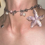 Daiiibabyyy  Y2K Pink Metal Starfish Flower Pendant Necklace for Women Men Luxury Imitation Pearl Beads Choker Clavicle Chain Trendy Jewelry