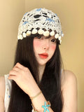 DAIIIBABYYY  -  Bohemian Ethnic Style Shell Pendant Hollow Pullover Hat Women's Summer Fashion Breathable Handmade Crochet Knitted Beanie Cap