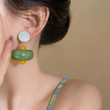 Daiiibabyyy  New Chinese Style Green Resin Dangle Earrings for Women White Cracked Round Drop Earrings Trendy Vacation Luxury Jewelry K