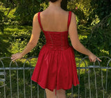 Daiiibabyyy  Sexy Bow Ruched Chest Spliced Lace Sling Dress Woman Cross Lacing up Bandage Back Low Waist Swing Short Vestidos Robe Red