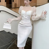 DAIIIBABYYY  -  French Fashion Women Square Collar Bodycon Evening Party Dress Hepburn Elegant Retro Apricot Long Puff Sleeve Pencil Split Dress