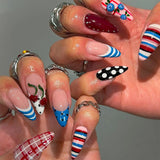Daiiibabyyy  24PCS Press On Nails Polka Dot Stripe 3D Cherry Blueberry Almond Shape Fake Nails Wearable Full Cover Nails Tips For Women