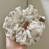 Daiiibabyyy  1PC Cute Bear Print Sheer Chiffon Scrunchie, Soft Lightweight Hair Tie,Sweet Vintage Style Hair Accessory For Women Daily Casual