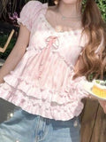 Daiiibabyyy  Sweet Temperament Flower Print V Neck Puff Sleeve Bow Ruffles Bandage Women Blouse