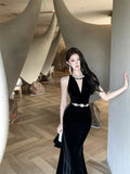 Daiiibabyyy  French Elegant Heavy Work Handmade Rhinestone Dress Women Velvet Sexy Slim Long Dress Evening Gown Fashion High Waist V-Neck