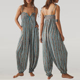 Daiiibabyyy  Vintage Pattern Print High Waist Summer Playsuits Elegant V-neck Tie-up Suspender Romper Casual Sleeveless Loose Women Jumpsuit