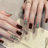 Daiiibabyyy  10Pcs Short Ballet Full Cover Nail Tips Blue Grid Pattern Design Handmade Fake Nails Wearable Simple Square Press on False Nails