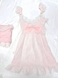 Daiiibabyyy  Coquette Sweet Vintage Lolita 2 Piece Dress Set Women Lace Bow Halter Puff Strap Ruched Waist Slim Fit Mini Dress Elegant Outfit