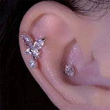 Daiiibabyyy  1Pcs Shiny Zircon Butterfly Stud Earrings For Women Stainless Steel Silver Color Hollow Ear Bone Nail Small Earrings Jewelry