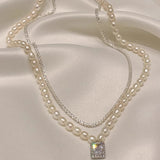 Daiiibabyyy  Vintage Shiny Cubic Zircon Square Pendant Necklace for Women Elegant Imitation Pearl Necklace Sweater Chain Party Jewelry Gifts