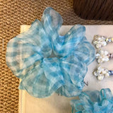 Daiiibabyyy  1PC Large Blue Gingham Sheer Mesh Scrunchie, Oversized Fluffy Elastic Hair Tie, Fresh Summer Hair Accessory For Women